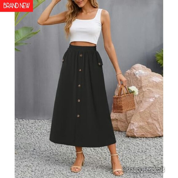 High Waisted A-Line Midi Skirt with Pockets, Stretch Fabric, Button Front - Picture 3 of 7